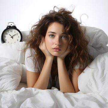 Young professional woman lying awake in bed, depicting insomnia isolated on white background, text area, png
