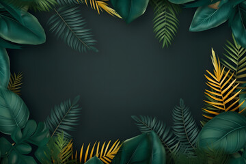 Fototapeta na wymiar A collection of tropical leaves forms a frame against a dark green background, creating a foliage plant background with space for copy.