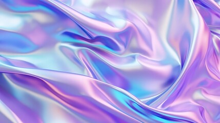 The use of holographic iridescent surface and wrinkled vaporwave background is a contemporary design texture.