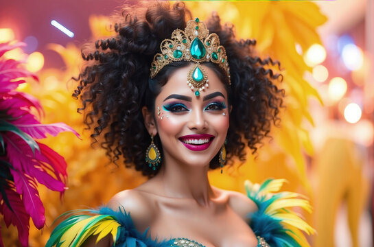 beautiful dancing and smilling Female wearing brazillian carnival costume