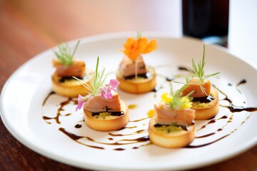 circular toasts with foie gras and a balsamic glaze drizzle