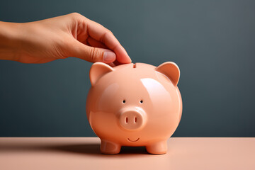 Hand putting coin into piggy bank on blue background, closeup.