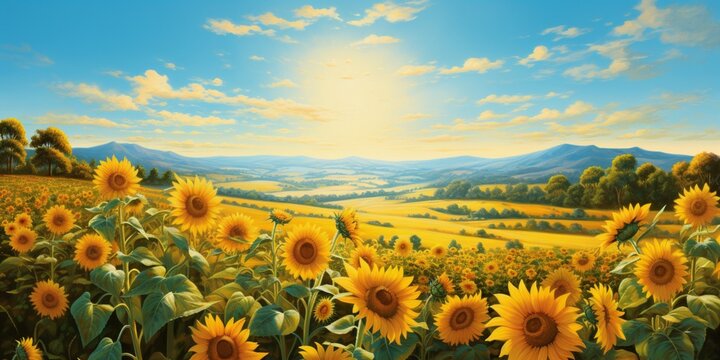 A field of sunflowers under a clear blue sky, where bees collect pollen, and a family of rabbits explores the sun-drenched landscape.