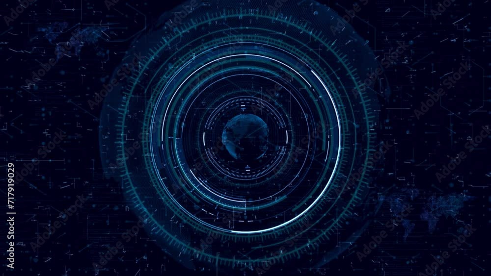 Poster future-tech ai interface: blue circuit hud with global map, futuristic elements, and hi-tech design 