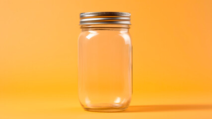 Empty glass mason jar on a yellow background. Minimal style. Copy space.