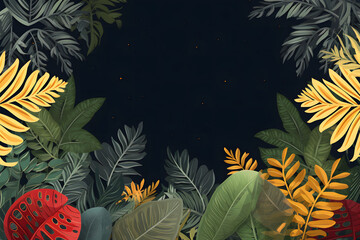 A collection of tropical leaves forms a frame against a dark green background, creating a foliage plant background with space for copy.