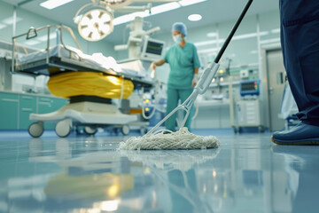 Close up cleaning staff cleans the floor of an operating room with a mop at modern hospital. - obrazy, fototapety, plakaty