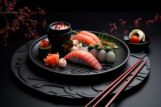 a black plate with sushi and chopsticks