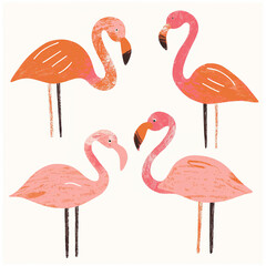 Clipart de flamingos nas cores rosa, bege e laranja isolado no fundo branco