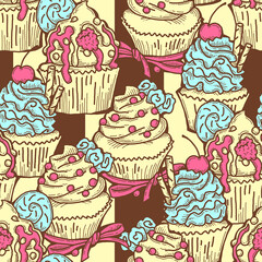 Tasty sweet cupcake dessert decorative seamless pattern for textile design, fabric print, digital or wrapping paper, wallpaper, background and backdrop, bakery shop decoration, cafe, restaurant menu.