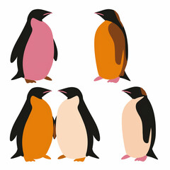 Clipart de pinguins nas cores rosa, bege e laranja isolado no fundo branco