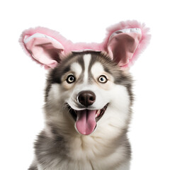 Easter-ready dog with bunny ears, happy Siberian Husky in a rabbit costume, Isolated on Transparent Background, PNG