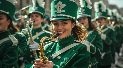 Energetic marching band in green uniforms. St. Patrick's Day parade. AI Generated