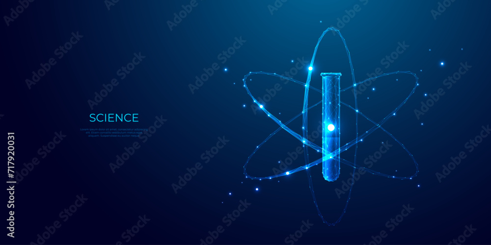 Poster chemistry science concept. abstract test tube and atom model in light blue low poly futuristic techn