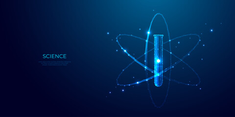 Chemistry science concept. Abstract test tube and atom model in light blue low poly futuristic technology style. Digital laboratory flask. Glowing polygonal 3D vector illustration. Innovation research