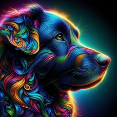 Colorful neon-lit dog portrait, vibrant, artistic concept. Vibrant neon colors in a detailed dog digital artwork. The neon effect in the background adds a unique twist
