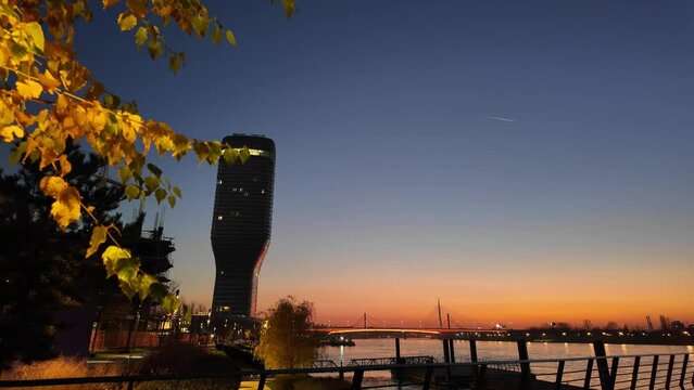 Belgrade waterfront tower and promenade on Sava river, Belgrade, Serbia.	
