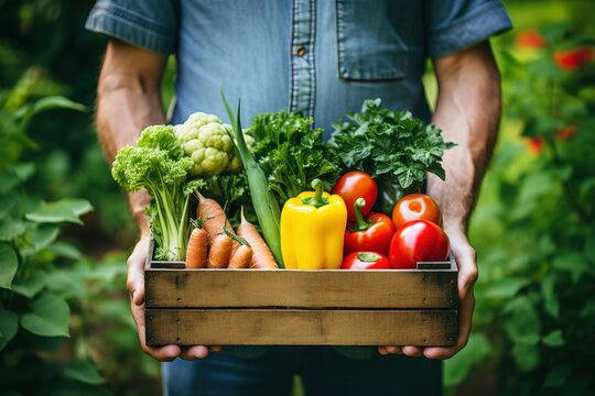 A Man Is Holding A Box Holding Vegetables In The Backyard