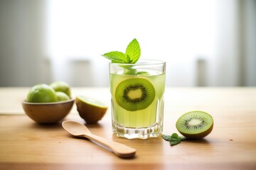 kiwi juice in a glass, sliced kiwi as garnish