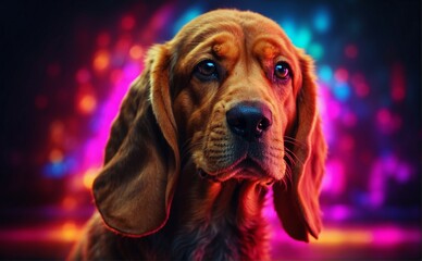 A portrait photo featuring a Basset Hound dog with neon lights in the background, crafting a lively and vibrant atmosphere