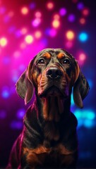 A portrait capturing a Bavarian Mountain Scent Hound dog, with neon lights in the background, forming a vibrant and lively atmosphere