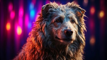 a portrait of Bergamasco Sheepdog with a neon lights in the background. The neon lights in the background adds a unique twist
