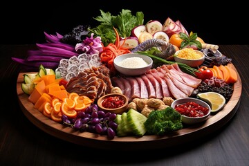 a wooden platter filled with various foods