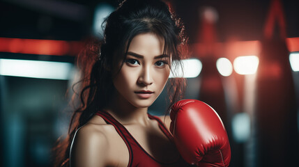 Athletic Asian woman in the boxing gym. Portrait.Sportswoman. Sports lifestyle