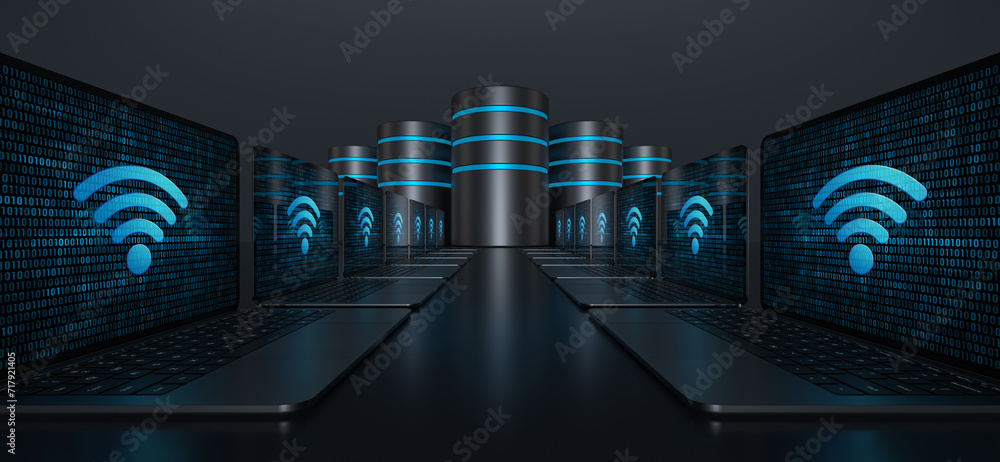 Poster two rows of laptop devices with a wi-fi internet icon on their screens forming a pathway leading to 
