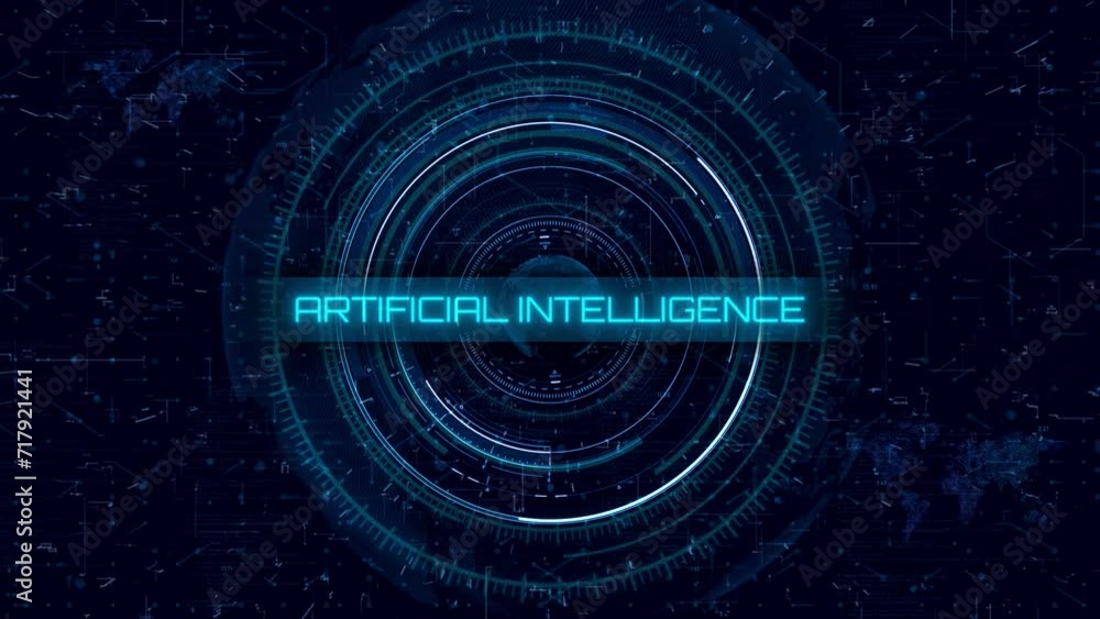 Poster concept of artificial intelligence: blue circuit hud with global map, futuristic elements, and hi-te