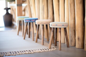 Fototapeta na wymiar set of rustic wooden stools on a textured rug