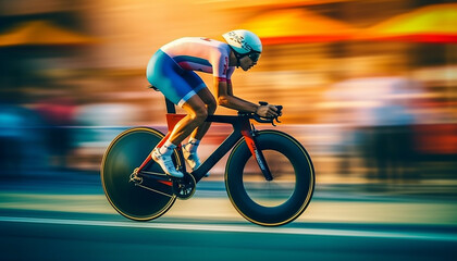 Fototapeta premium Cycling competition, cyclist athletes riding a race at high speed on city road, Sportsmen bikes in the morning,