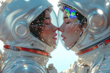 Kiss of two women - astronauts in spacesuits. Generative AI
