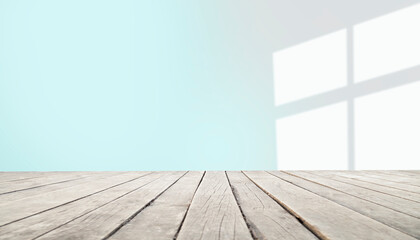 empty table with window shadow on light wall background for product mockup display. kitchen interior theme