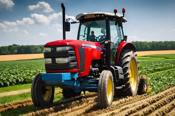 A farmer driving a tractor in a field