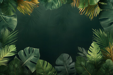 A collection of tropical leaves forms a frame against a dark green background, creating a foliage plant background with space for copy.