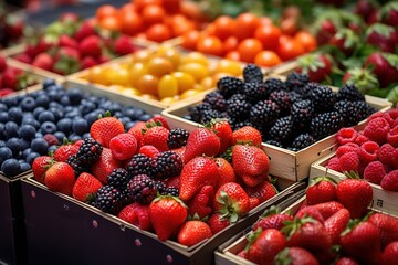 many fruit and berries for sale at an outdoor market