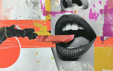 boca sexy mostrando a lingua, Colagem, estilo pop, retratos impressos em risografia em papel - obrazy, fototapety, plakaty