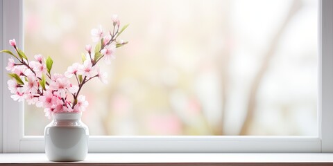 Blurred window sill with free space and spring background.
