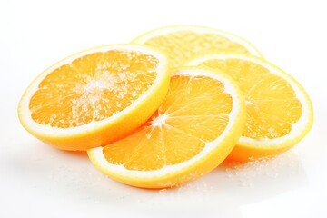 Fototapeta premium sugar and orange slices on a white background, oranges cut in half on a white surface