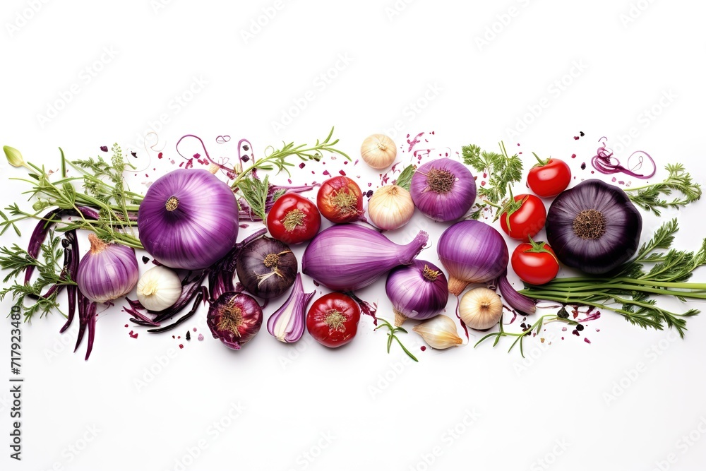 Fototapete tomatoes, spring onions and herbs in an array on a white background, many different types of vegetab