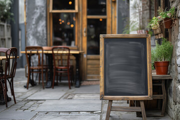 Fototapeta na wymiar Street view of coffee shop with blank slate sign