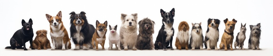 Diverse Canine Assembly: A Charming Line-Up of Various Dog Breeds - Generative AI - obrazy, fototapety, plakaty