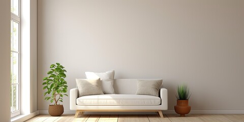 Minimalistic Scandinavian interior with small pale sofa, houseplant, torch, and windows in empty room.