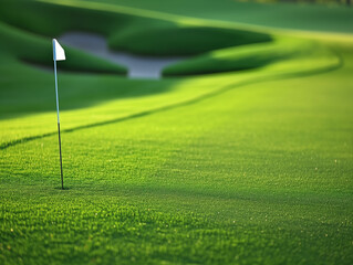 Obraz premium Serene golf course with flag on hole at sunset