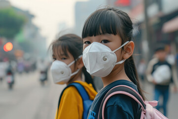 Fototapeta na wymiar Two young children with backpacks wearing protective PM2.5 masks against a backdrop of heavy smog on a city street. 