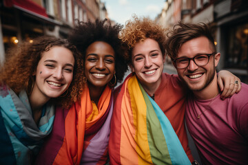 Fototapeta premium Joyful posing of diverse friends, in an urban environment, lgtbiq+