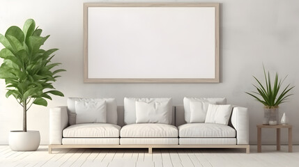 Modern cozy mock up and decoration furniture of living room and empty canvas frame on the white wall texture background, 3D rendering,,
Contemporary bedroom with big bed and blank poster frame
