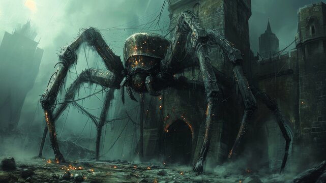 5 small fantasy spiders-like creatures with aspects of robot weaves a web, medieval tower