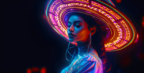 Woman with Neon Mexican Hat. Generative AI, non-existent person.	